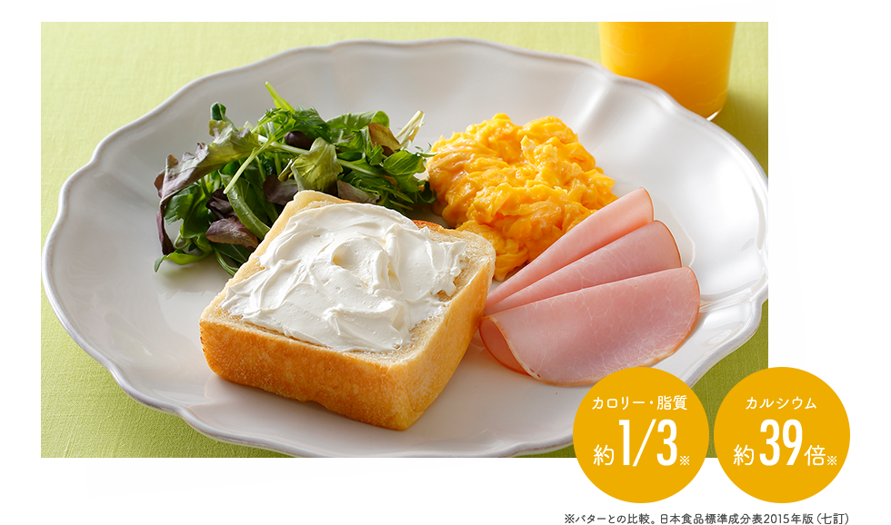 カロリー・脂質 約1/3 カルシウム 約39倍 ※バターとの比較。日本食品標準成分表2015年版（七訂）